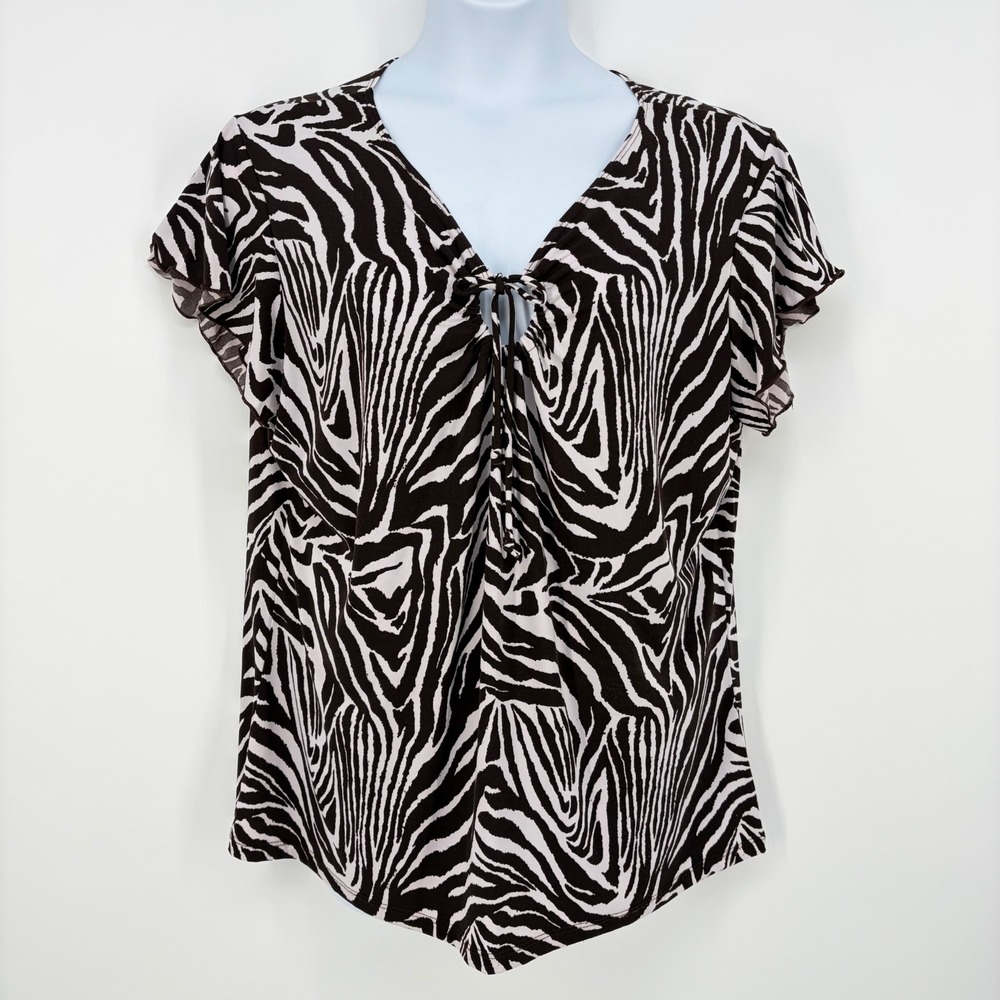 Bleeker & McDougal Zebra Print Flutter Sleeve Tie Front V-Neck Top 2X